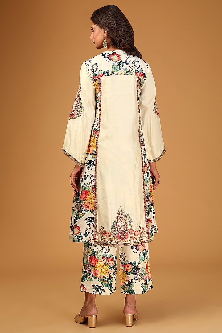 Ivory Silk Printed & Embroidered Choga Kurta Set by Debyani at Pernia's Pop Up Shop
