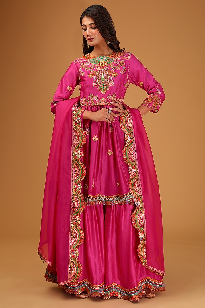 Pink Chanderi Embroidered Sharara Set by Debyani at Pernia's Pop Up Shop