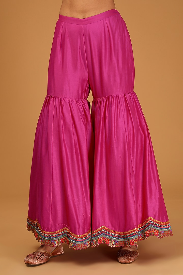 Pink Chanderi Embroidered Bridal Sharara Set by Debyani at Pernia's Pop Up Shop