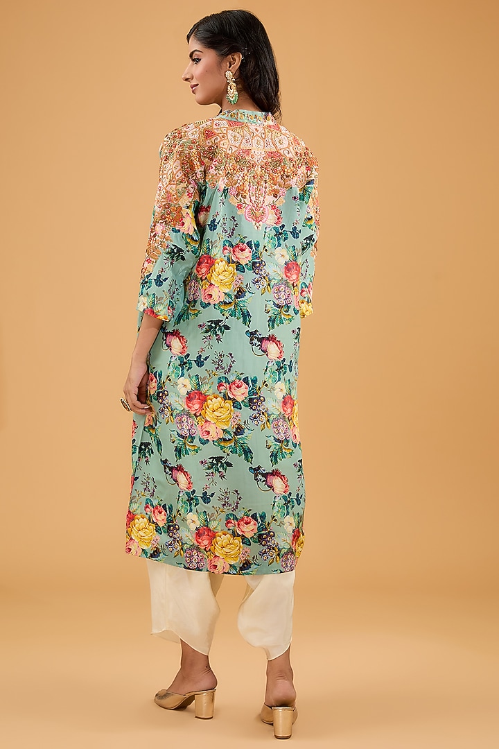 Blue Silk Floral Printed Kaftan Kurta Set by Debyani at Pernia's Pop Up Shop