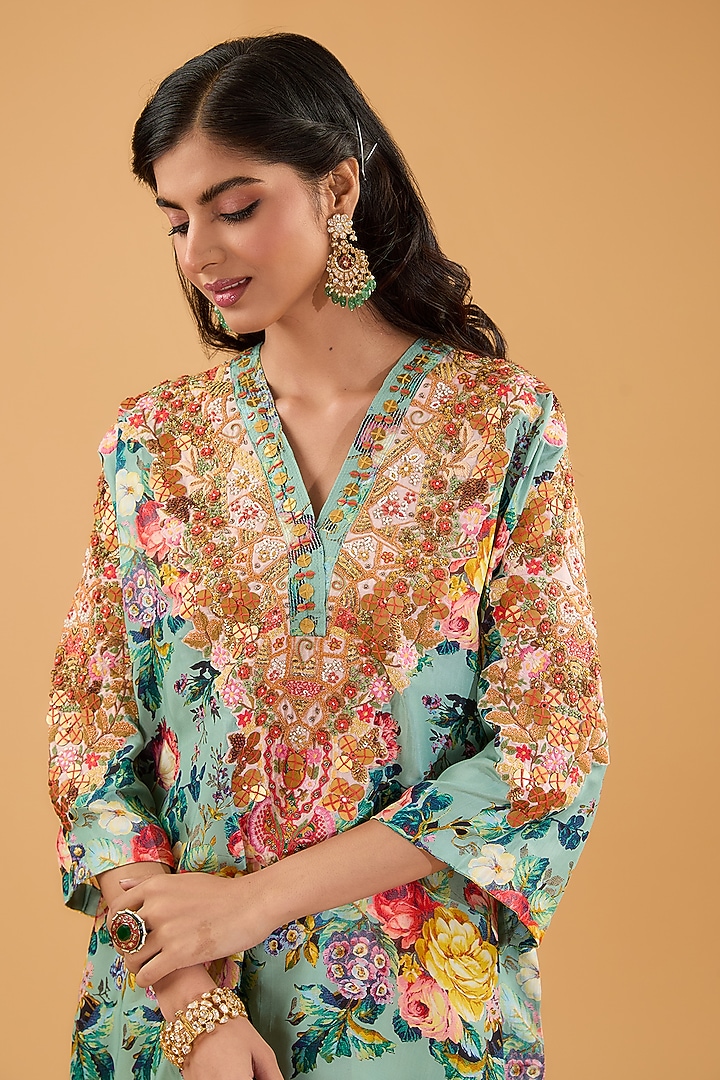 Blue Silk Floral Printed Kaftan Kurta Set by Debyani at Pernia's Pop Up Shop