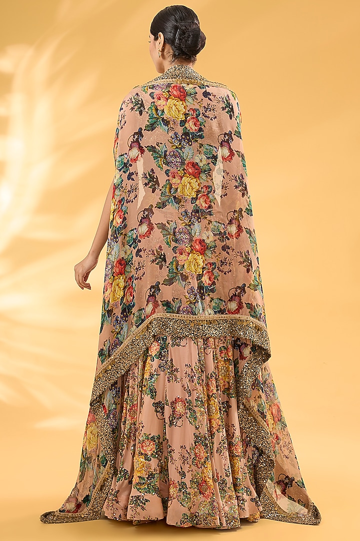 Pink Silk Floral Printed & Hand Embroidered Jacket Wedding Lehenga Set by Debyani at Pernia's Pop Up Shop