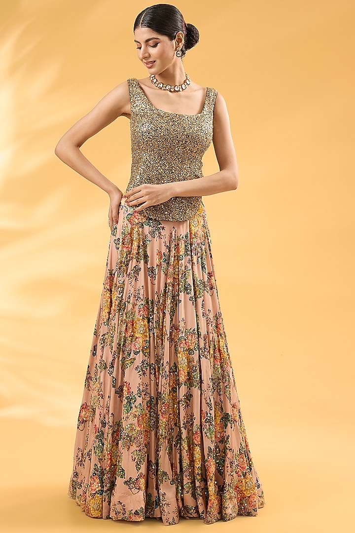 Pink Silk Floral Printed & Hand Embroidered Jacket Wedding Lehenga Set by Debyani at Pernia's Pop Up Shop