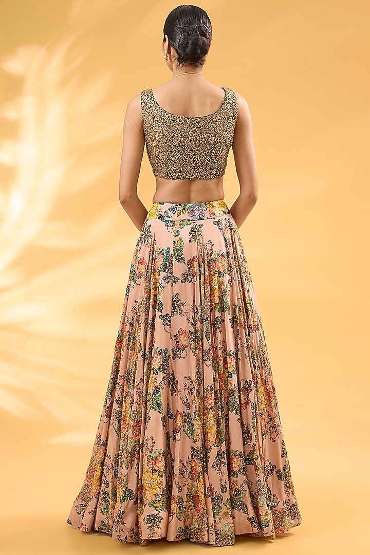Pink Silk Floral Printed & Hand Embroidered Jacket Wedding Lehenga Set by Debyani at Pernia's Pop Up Shop
