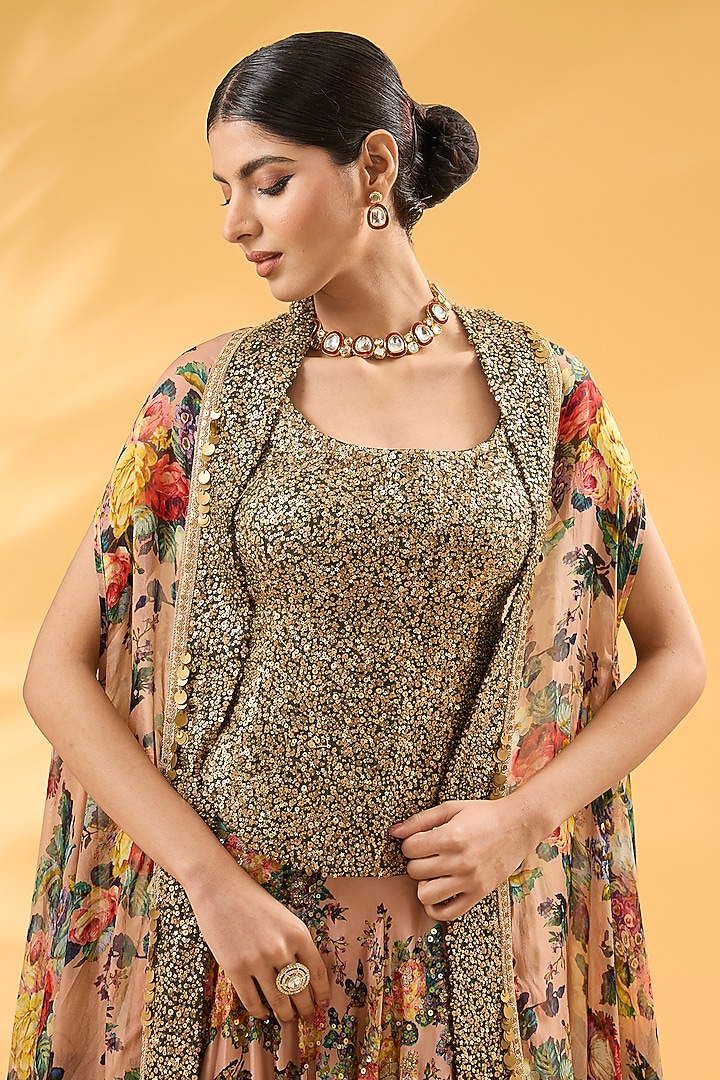 Pink Silk Floral Printed & Hand Embroidered Jacket Wedding Lehenga Set by Debyani at Pernia's Pop Up Shop
