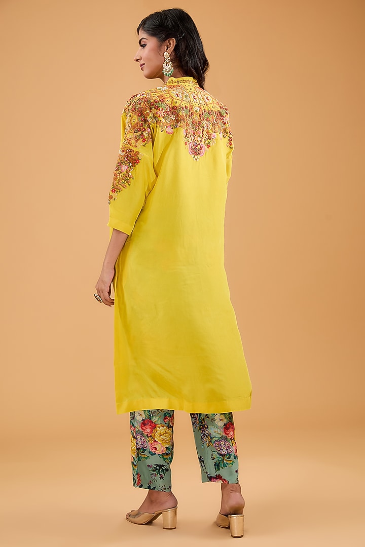 Yellow Silk Kaftan Kurta Set by Debyani at Pernia's Pop Up Shop