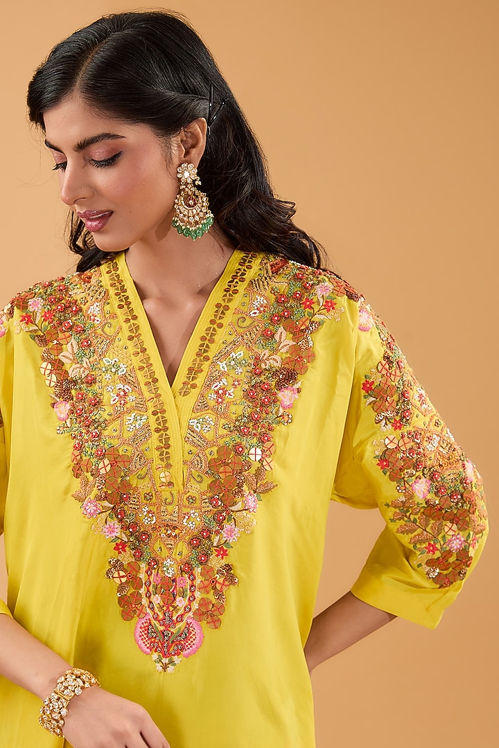 Yellow Silk Kaftan Kurta Set by Debyani at Pernia's Pop Up Shop