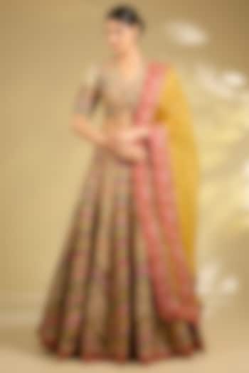 Ivory Silk Hand & Machine Embroidered Bridal Lehenga Set by Debyani at Pernia's Pop Up Shop