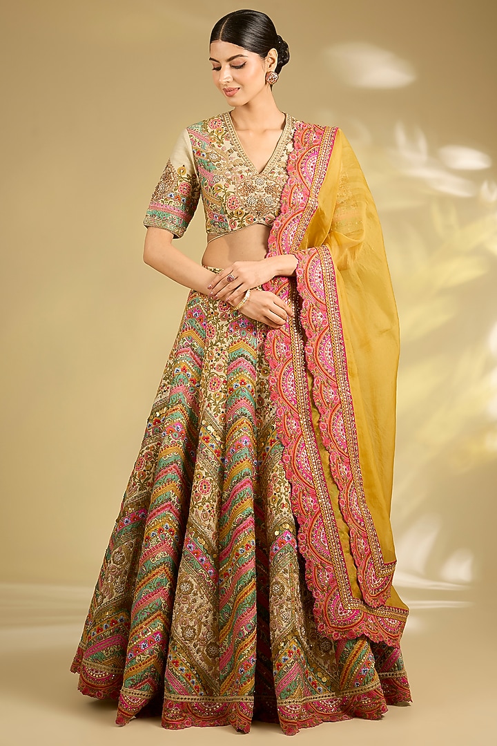 Ivory Silk Hand & Machine Embroidered Bridal Lehenga Set by Debyani at Pernia's Pop Up Shop