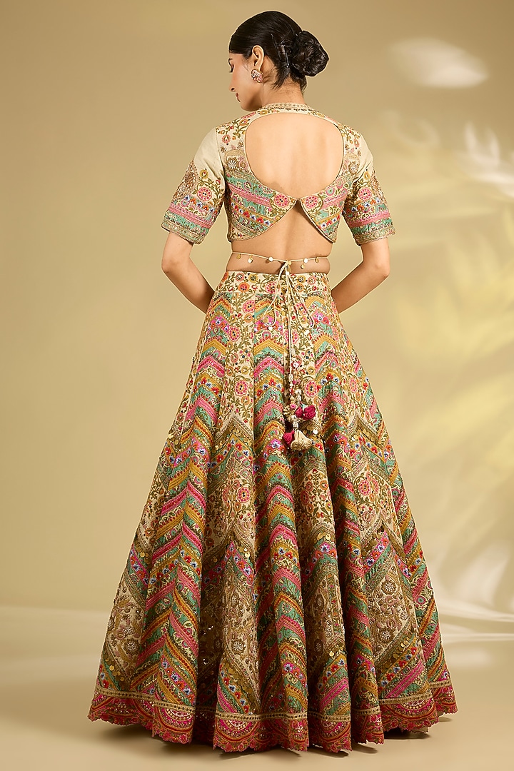 Ivory Silk Hand & Machine Embroidered Bridal Lehenga Set by Debyani at Pernia's Pop Up Shop