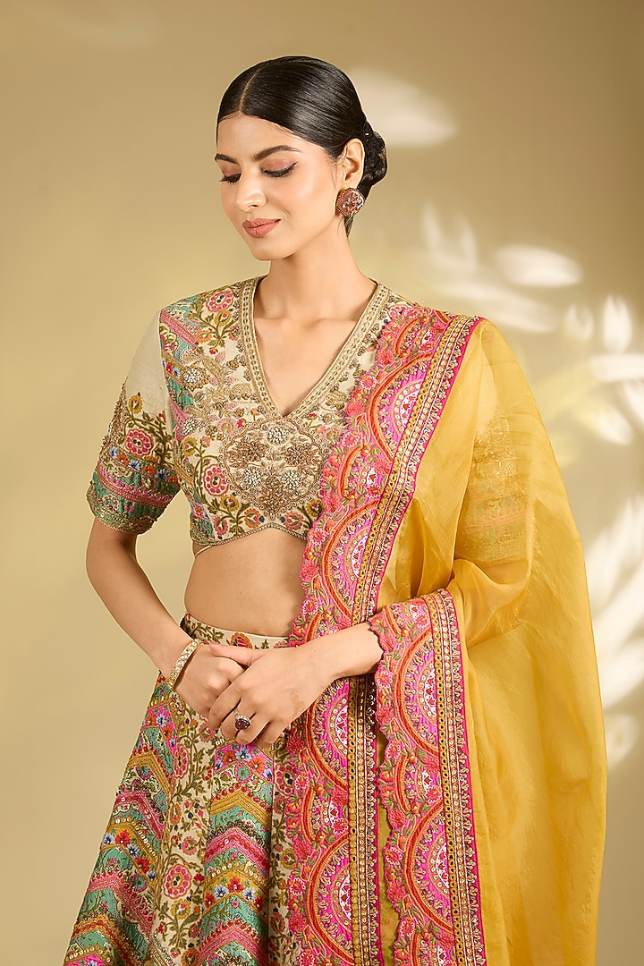 Ivory Silk Hand & Machine Embroidered Bridal Lehenga Set by Debyani at Pernia's Pop Up Shop