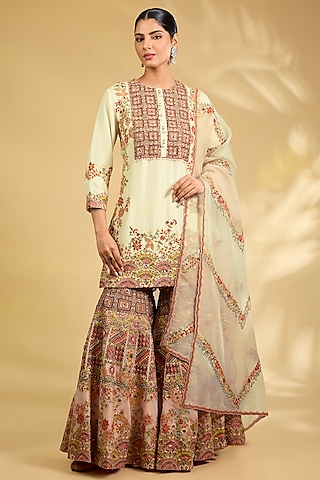 Ivory Silk Hand Embroidered Sharara Set by Debyani