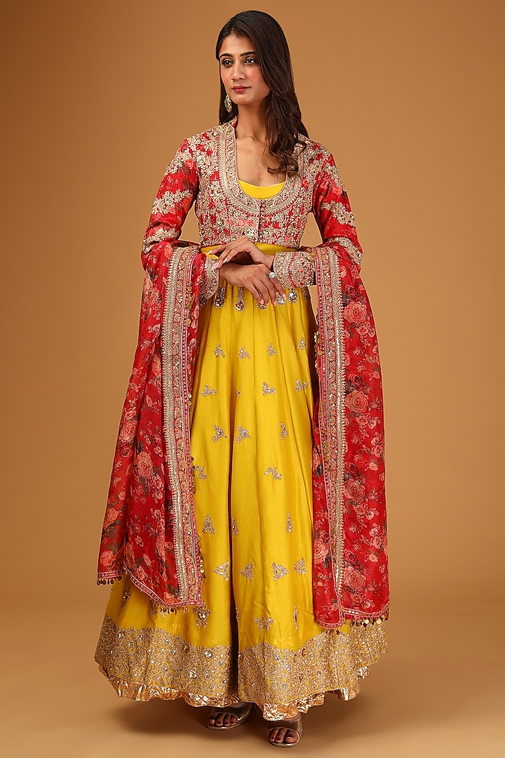 Mustard Chanderi Embroidered Anarkali Set by Debyani at Pernia's Pop Up Shop