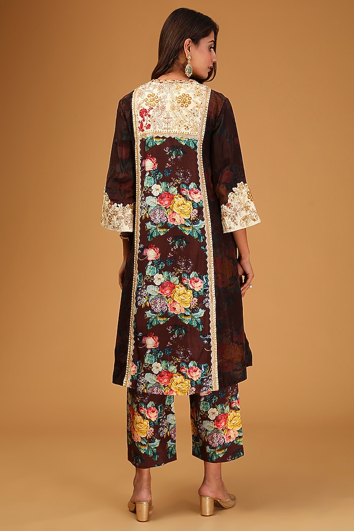 Black Silk Printed & Embroidered Kurta Set by Debyani at Pernia's Pop Up Shop