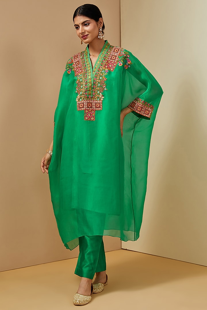 Green Organza Kaftan Set by Debyani at Pernia's Pop Up Shop