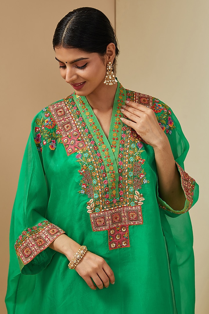 Green Organza Kaftan Set by Debyani at Pernia's Pop Up Shop