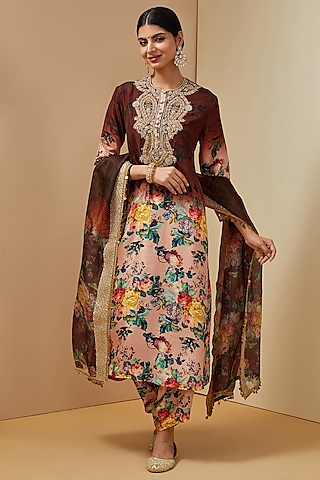 Pink Silk Floral Printed Kurta Set by Debyani