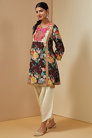 Black Silk Floral Printed Kurta Set by Debyani