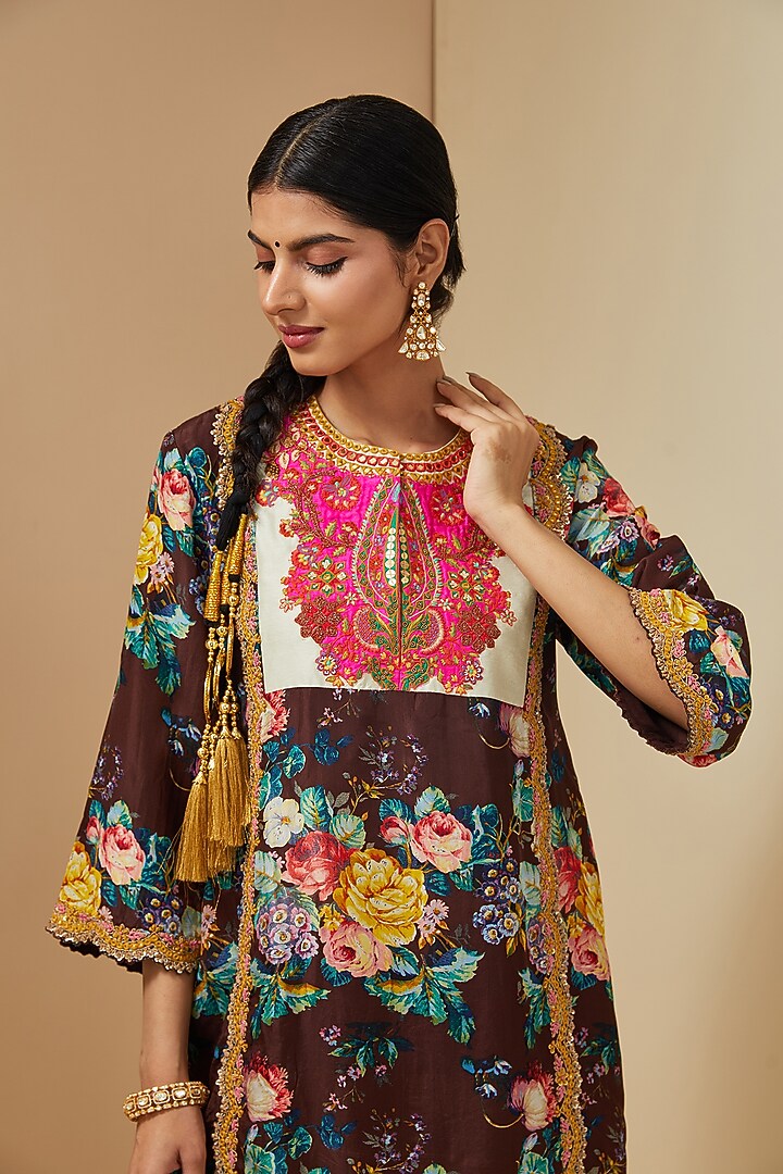 Black Silk Floral Printed Kurta Set by Debyani at Pernia's Pop Up Shop