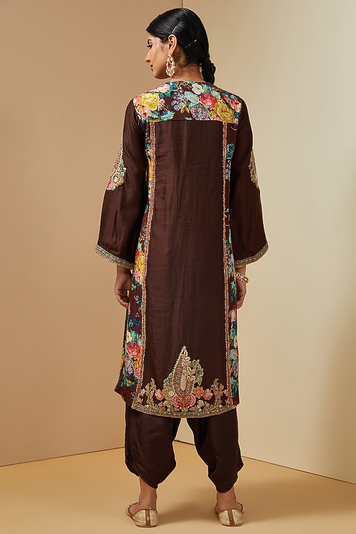 Brown Silk Printed Choga Kurta Set by Debyani at Pernia's Pop Up Shop