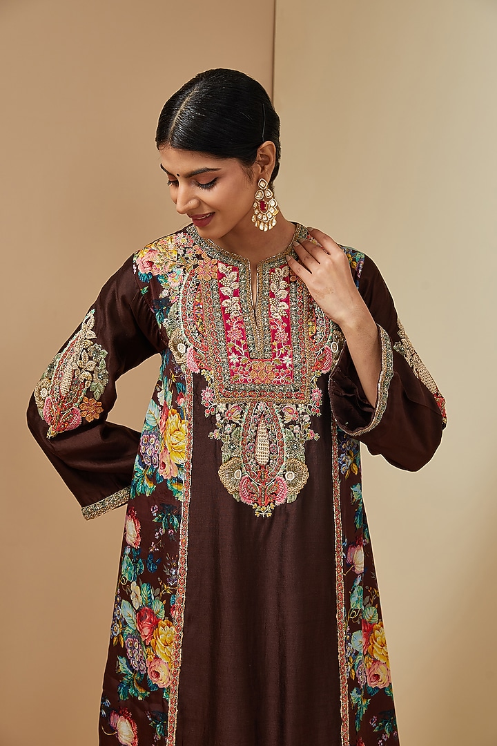 Brown Silk Printed Choga Kurta Set by Debyani at Pernia's Pop Up Shop