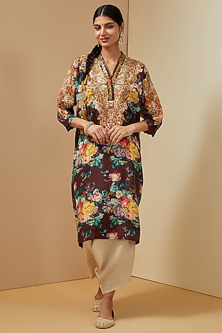 Black Silk Floral Printed Kurta Set by Debyani
