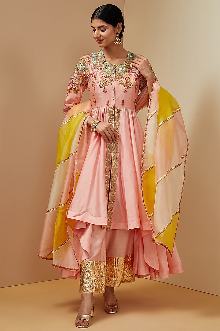 Pink Chanderi Tunic Set by Debyani