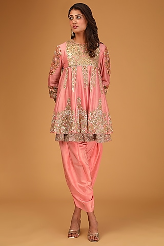 Blush Pink Chanderi Embroidered Short Kurta Set by Debyani