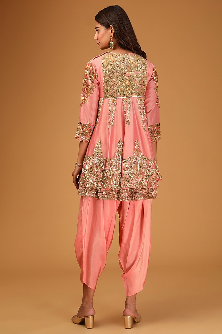 Blush Pink Chanderi Embroidered Short Kurta Set by Debyani at Pernia's Pop Up Shop
