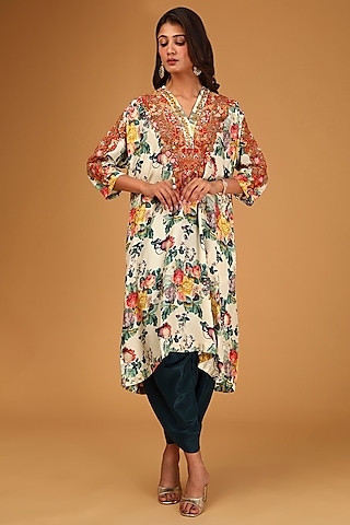 Ivory Silk Embroidered Kaftan Kurta Set by Debyani