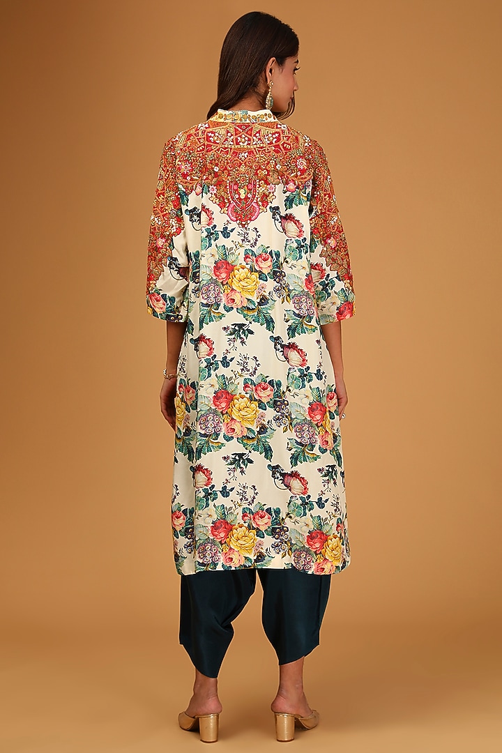 Ivory Silk Embroidered Kaftan Kurta Set by Debyani at Pernia's Pop Up Shop