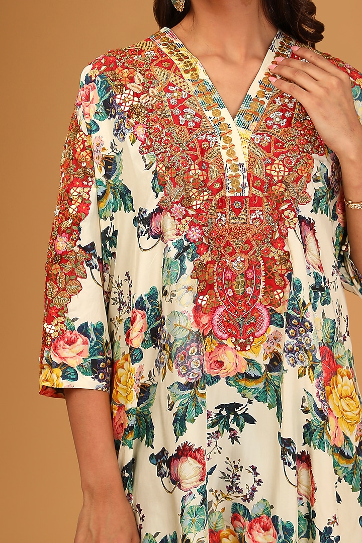 Ivory Silk Embroidered Kaftan Kurta Set by Debyani at Pernia's Pop Up Shop