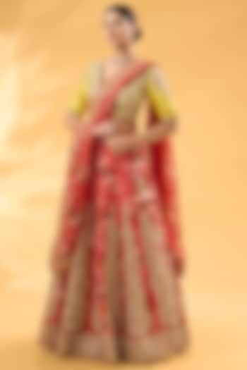 Red Silk Floral Printed & Hand Embroidered Bridal Lehenga Set by Debyani at Pernia's Pop Up Shop