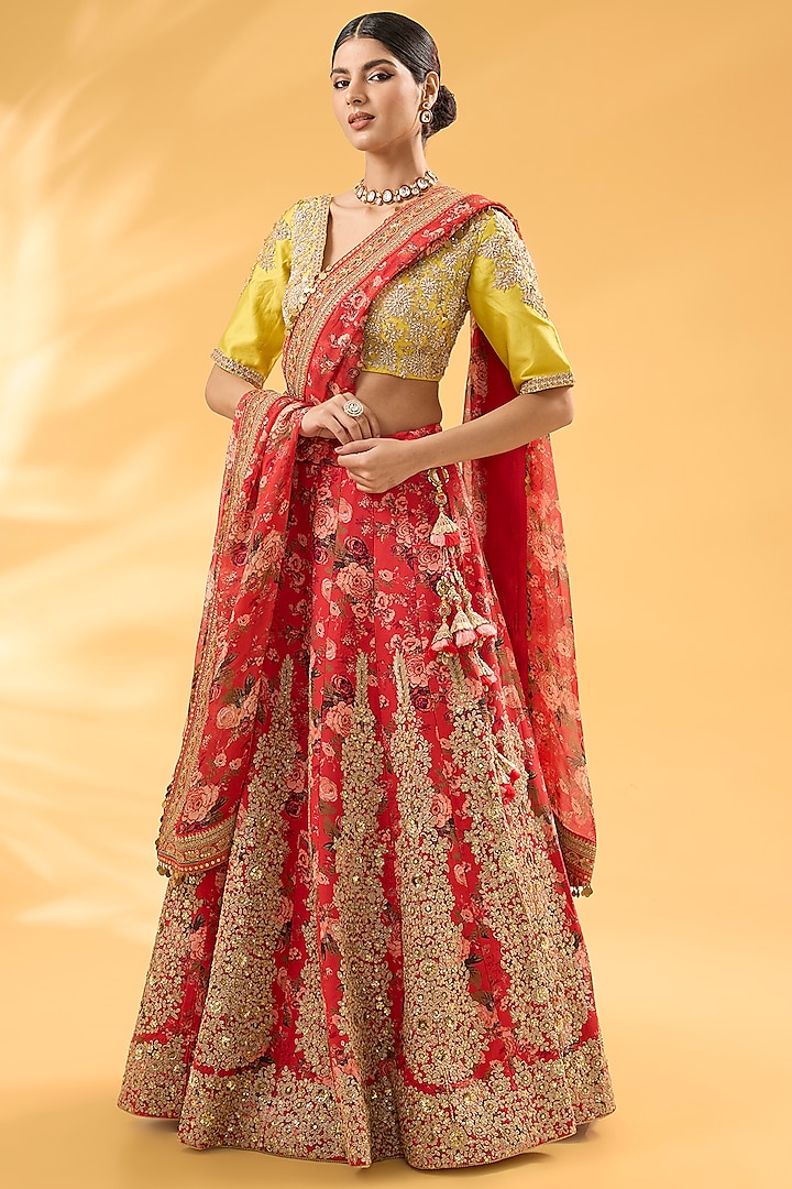 Red Silk Floral Printed & Hand Embroidered Bridal Lehenga Set by Debyani at Pernia's Pop Up Shop