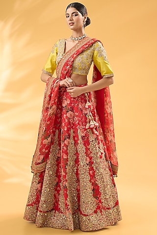 Red Silk Floral Printed & Hand Embroidered Lehenga Set by Debyani