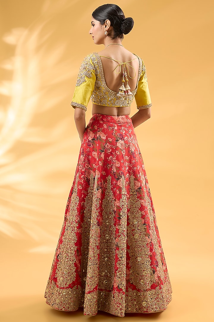 Red Silk Floral Printed & Hand Embroidered Bridal Lehenga Set by Debyani at Pernia's Pop Up Shop