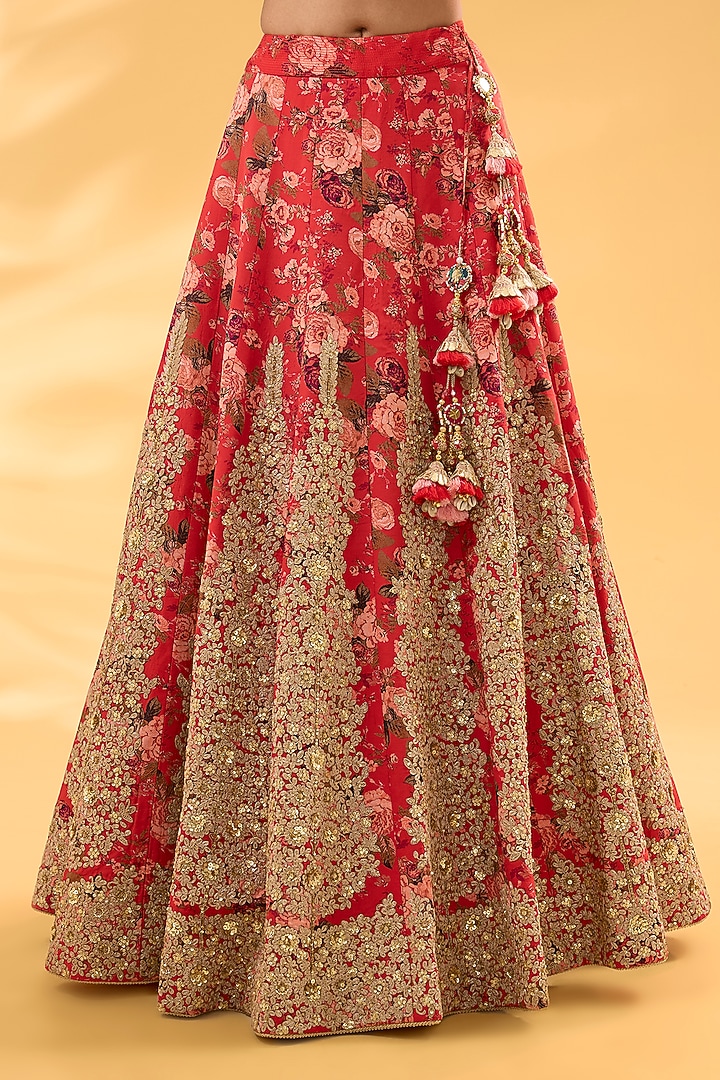 Red Silk Floral Printed & Hand Embroidered Bridal Lehenga Set by Debyani at Pernia's Pop Up Shop