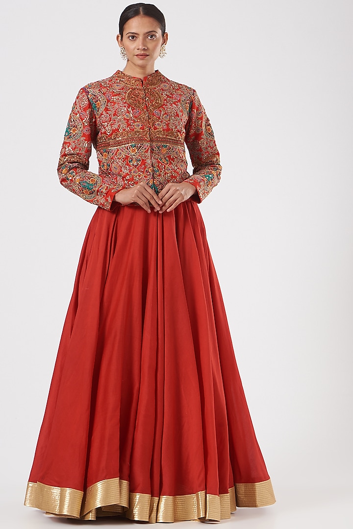 Red Raw Silk Skirt Set by Debyani