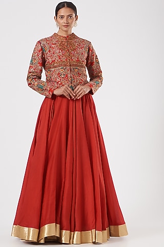 Red Raw Silk Skirt Set by Debyani