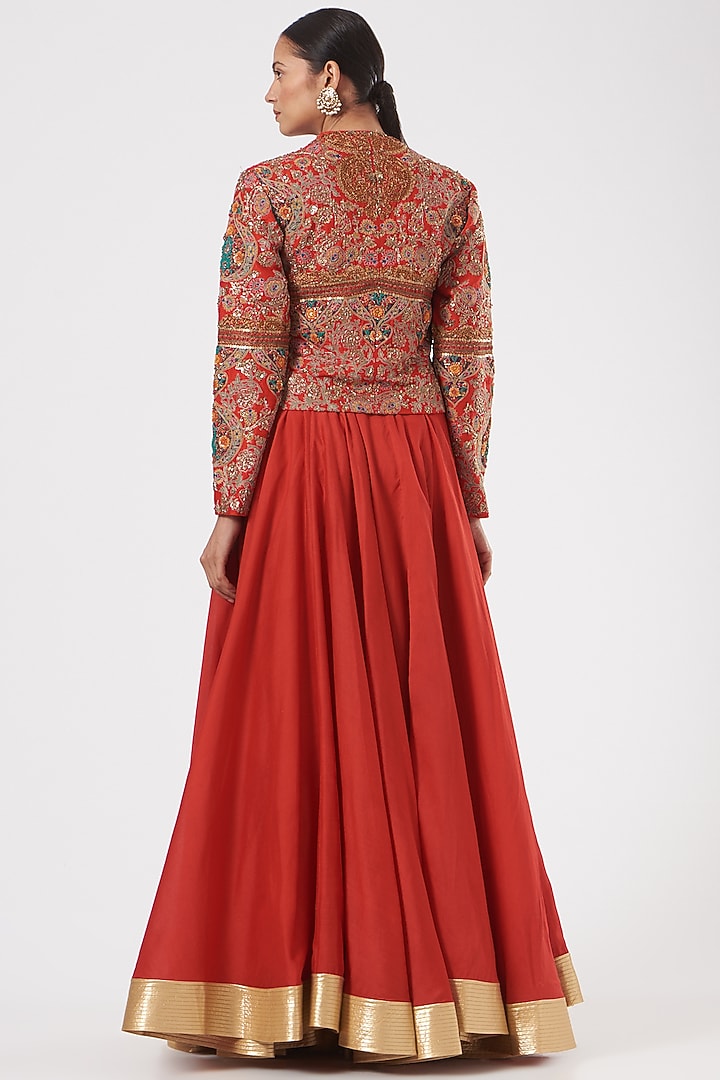 Red Raw Silk Skirt Set by Debyani at Pernia's Pop Up Shop