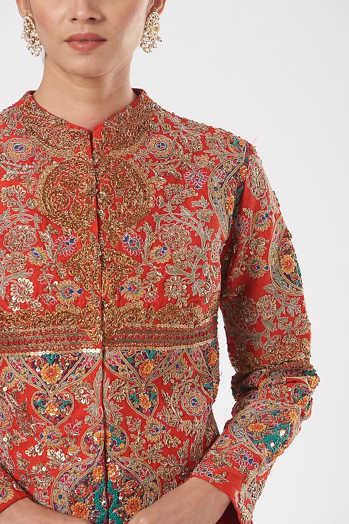 Red Raw Silk Skirt Set by Debyani at Pernia's Pop Up Shop