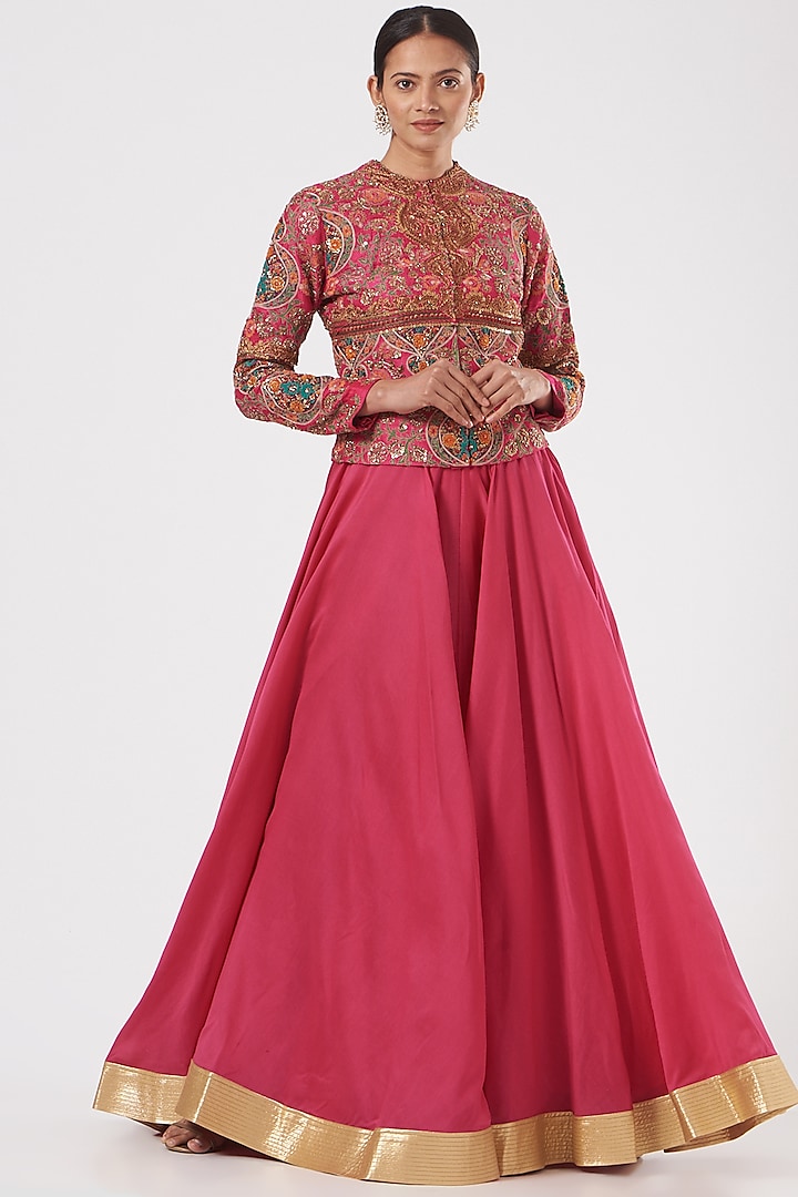 Magenta Raw Silk Skirt Set  by Debyani