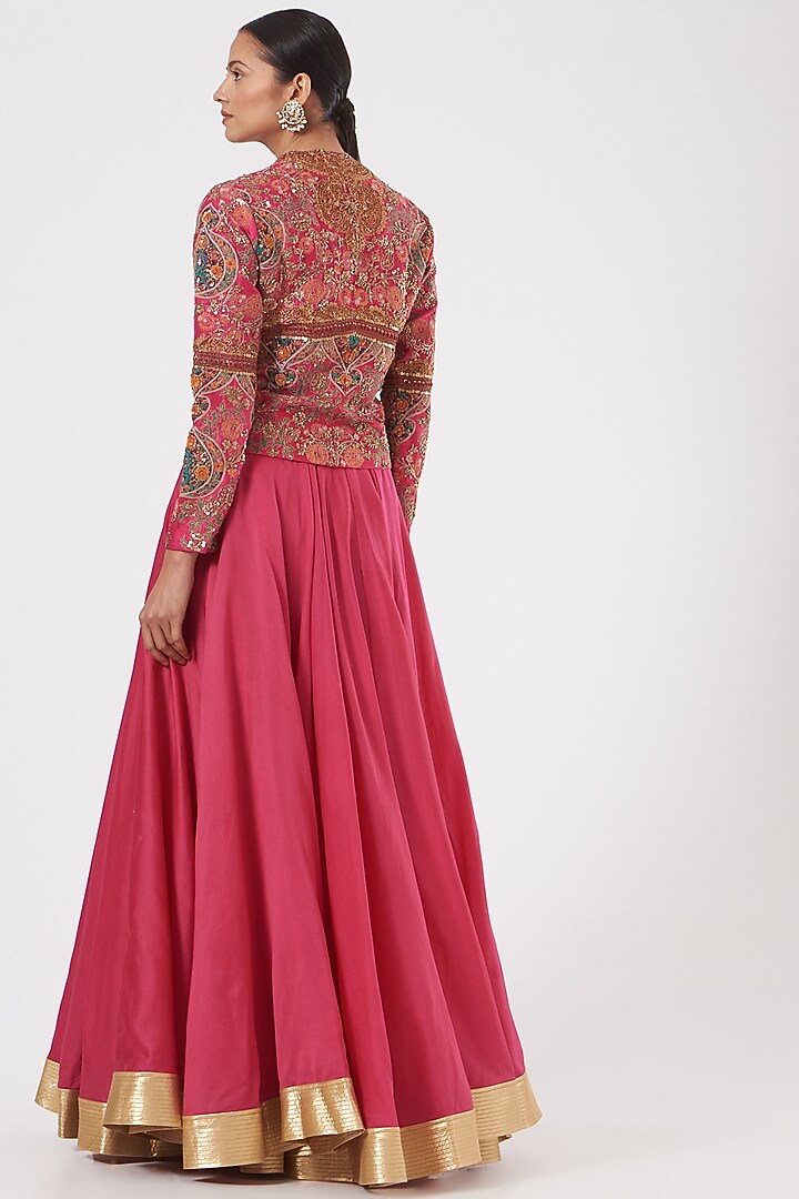 Magenta Raw Silk Skirt Set  by Debyani at Pernia's Pop Up Shop
