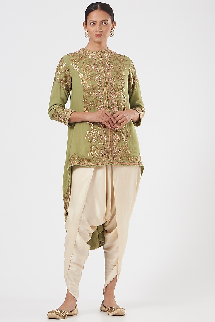Olive Green Embroidered Jacket Set by Debyani