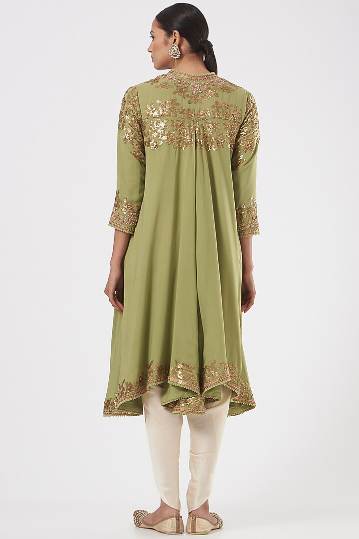 Olive Green Embroidered Jacket Set by Debyani at Pernia's Pop Up Shop