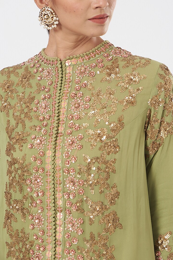 Olive Green Embroidered Jacket Set by Debyani at Pernia's Pop Up Shop