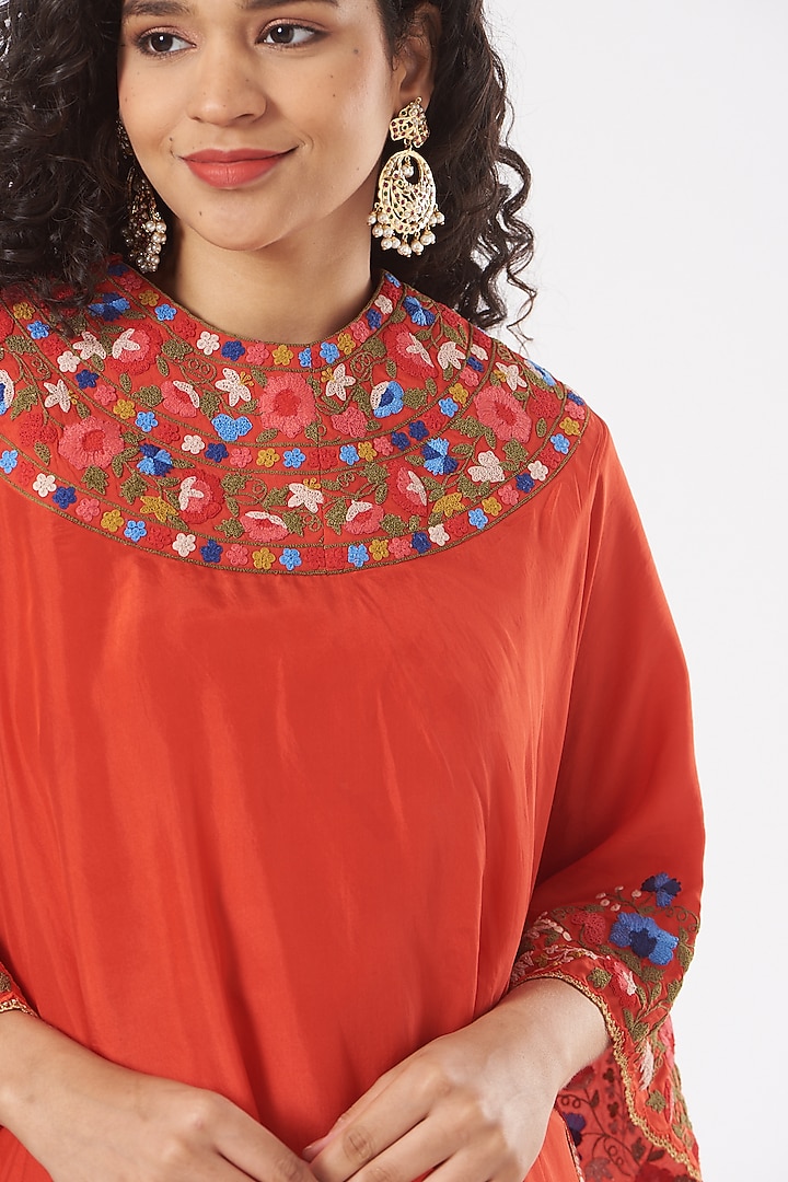 Red Silk Printed Cape Set by Debyani at Pernia's Pop Up Shop