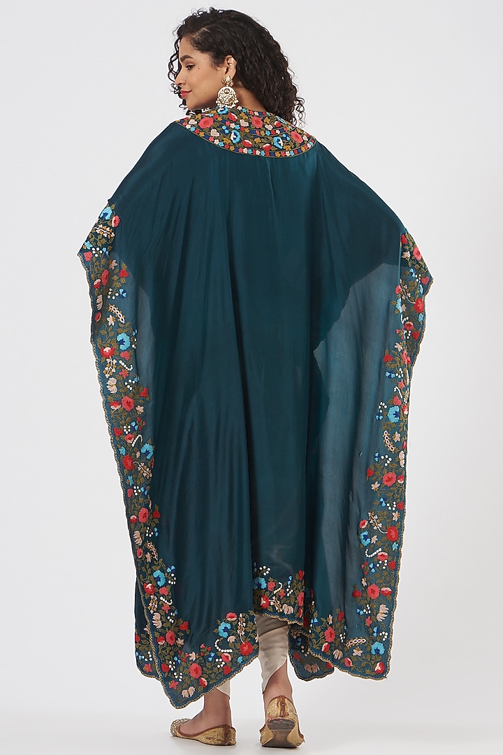 Blue Silk Printed Cape Set by Debyani at Pernia's Pop Up Shop