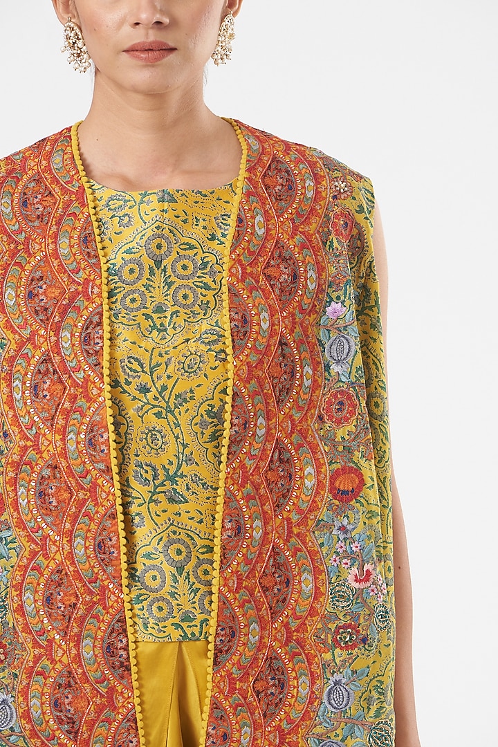 Yellow Chanderi Printed Jacket Set by Debyani at Pernia's Pop Up Shop