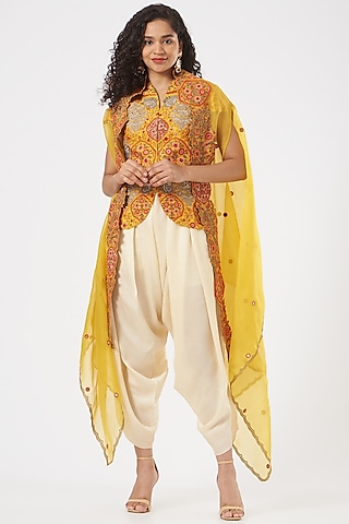 Yellow Raw Silk & Organza Jacket Set by Debyani